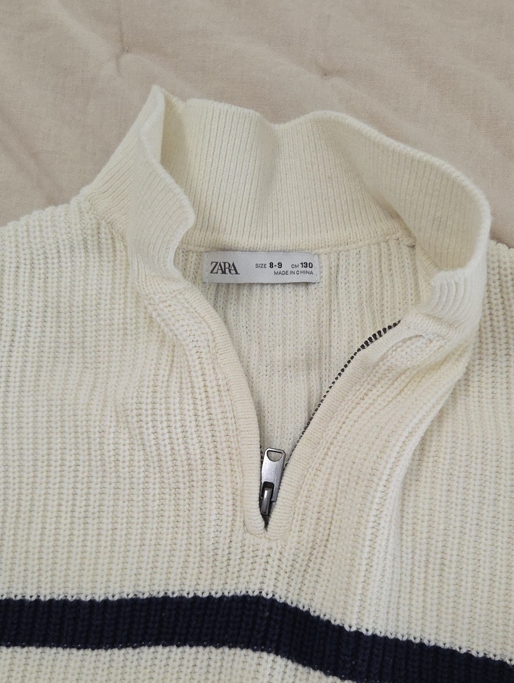ZARA Kids Cream Half-Zip Sweater with Navy Stripe